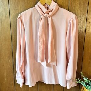 Vintage 80's Alexandria Pink Tie Neck Blouse Long Sleeve Button Cuff‎ Career